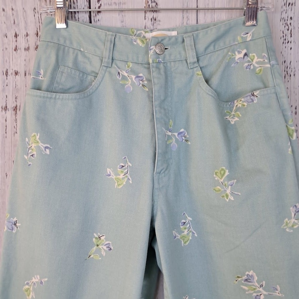 TALBOTS Petites 6P Floral Print Teal Women's Mom Jeans 100%‎ Cotton Straight Leg - Picture 2 of 7